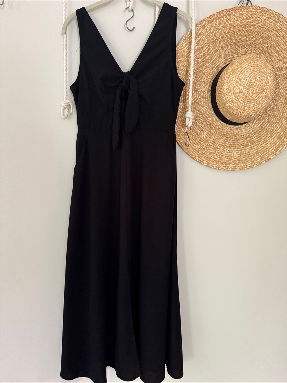 V-Neck Black Midi Dress with Front Tie